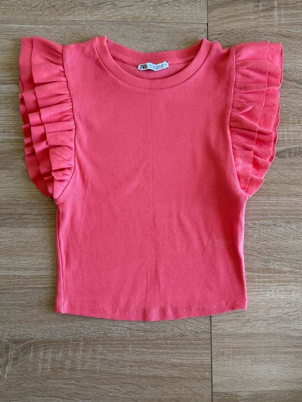 Zara Pink Ribbed Flutter Ruffle Sleeve Top - Picture 2 of 3